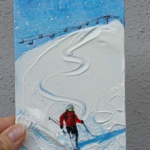 Skieur Peinture acrylique originale sur mini toile, peinture de scène d’hiver, peinture de montagne enneigée, peinte à la main, cadeau