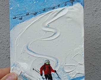 Skier Original acrylic painting on mini canvas, winter scene art for shelf, snow mountain art on panel 10x15 cm