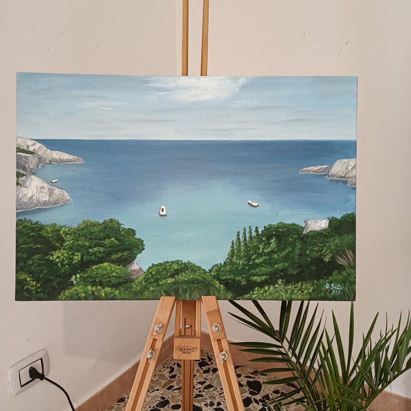 Original oil painting of Mediterranean cost, seascape painting, Italian cost oil painting, impressionist realist painting, original decor