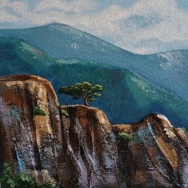 Original acrylic painting of a lonely tree on a rock, mountain landscape painting, nature painting, textured painting, mini painting