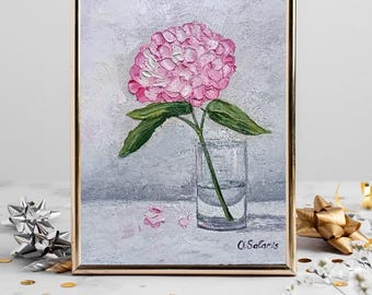 Hydrangea original oil painting on panel, abstract flower artwork in light colors, textured art for home