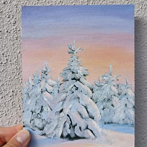 Paesaggio forestale invernale Mini tela Dipinto acrilico originale, dipinto della natura invernale, dipinto di scena invernale, dipinto di Natale, regalo