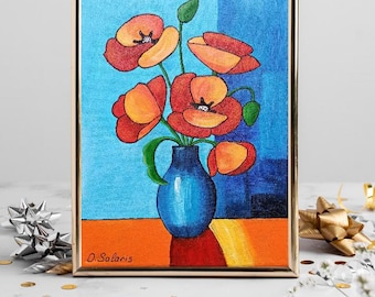 Poppies original acrylic painting on little canvas, still life original art, flower wall decor for home, floral painting