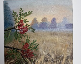 Original oil painting of wheat field and rovan berries, hand painted landscape on panel 20x20 cm