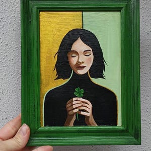 Shamrock original acrylic painting titled &quot;For good luck&quot;, woman with clover art, clover artwork, framed home decor