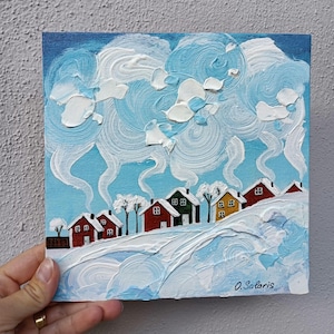 Peinture acrylique originale du village d’hiver, peinture d’hiver enneigée, peinture de paysage urbain, peinture de Noël, peinture unique en son genre