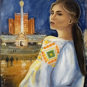 Origineel olieverfschilderij van een vrouw op het stadsplein, vrouwenportret, Oekraïense vrouwenkunst, figuratieve schilderkunst