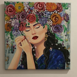 Original acrylic painting of woman with flowers crown, female portrait on canvas, flowers wall decor figurative artwork