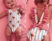 Vintage Ice Cream Stripe One Piece Summer Swimsuit Baby Toddler Girls