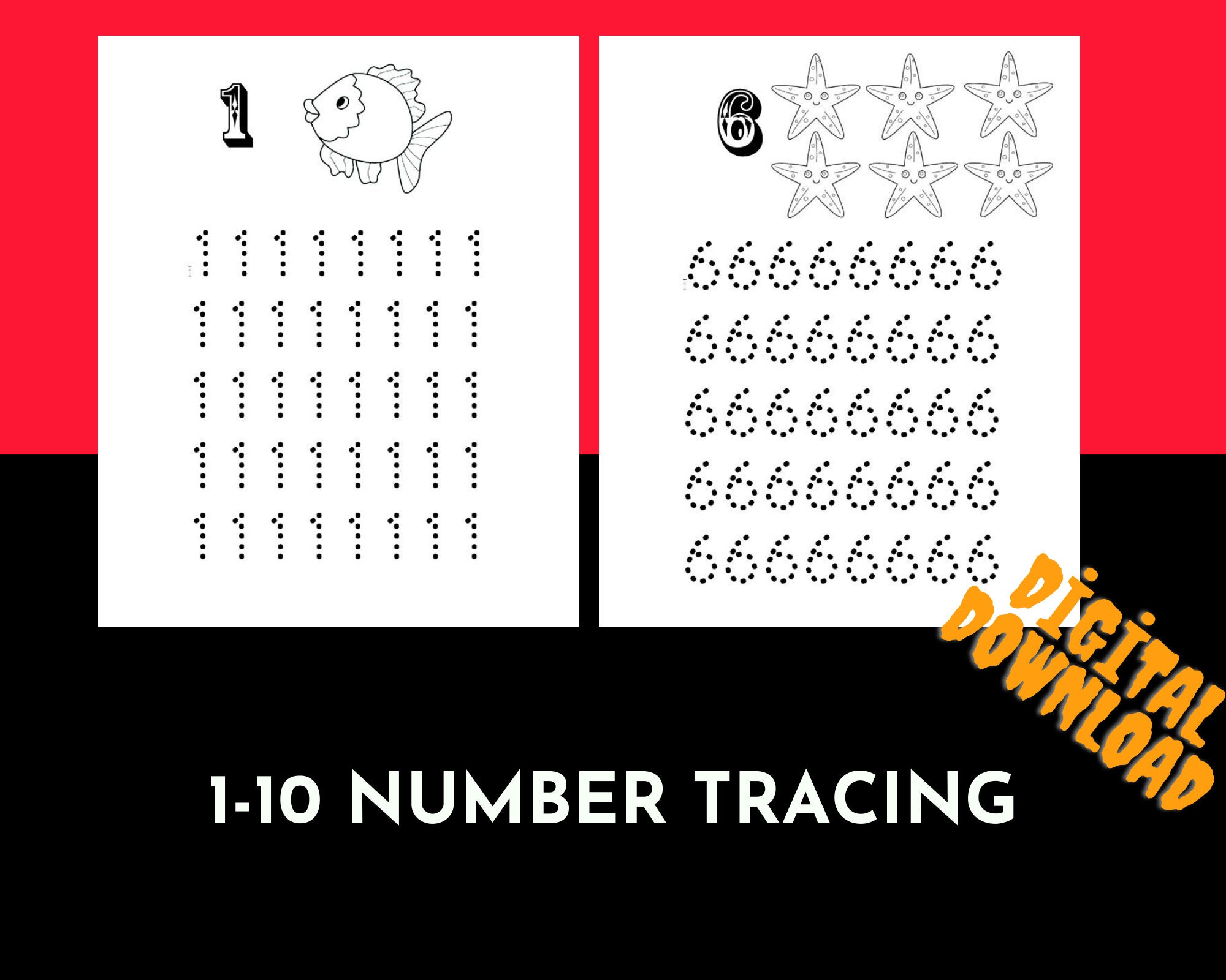 1 10 ocean theme number tracing preschool worksheets etsy