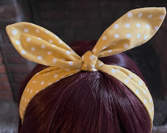 Yellow and white dots rockabilly self tie bow headband/ Dolly headband