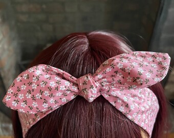 Pink mini small flowers self tie dolly bow headband