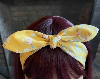 Yellow flower floral self tie dolly bow headband