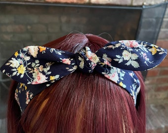 Blue navy floral flowers self tie dolly bow headband