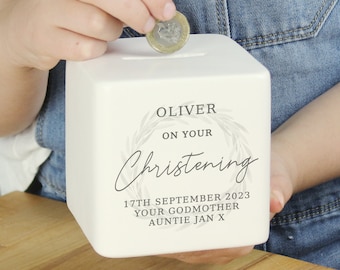 Personalised Money Box Christening Money Box Ceramic Square Money Box Piggy Bank Ideal Gift for Christenings Keepsake.....