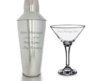 Personalised Engraved Cocktail Shaker with Strainer and Martini Glass.....