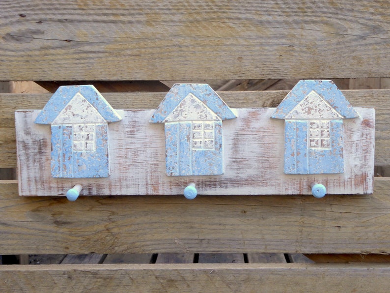 Nautical Beach Hut Wooden Peg Hooks Rail Handmade Small Coat Clothes Bag Hanger Rack.. image 1