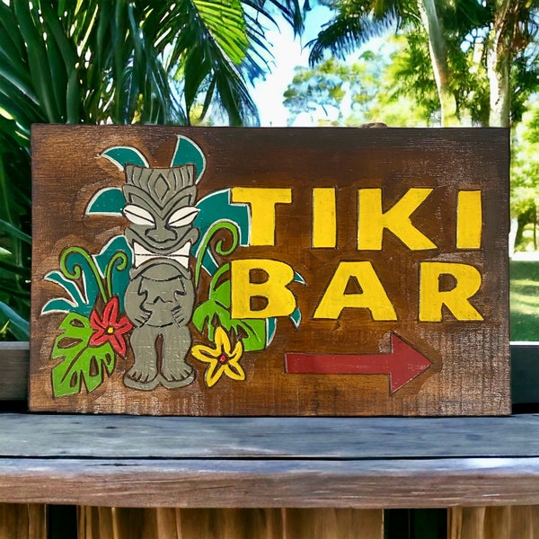 TIKI Bar Sign Plaque murale en bois 40 cm sculptée et peinte à la main