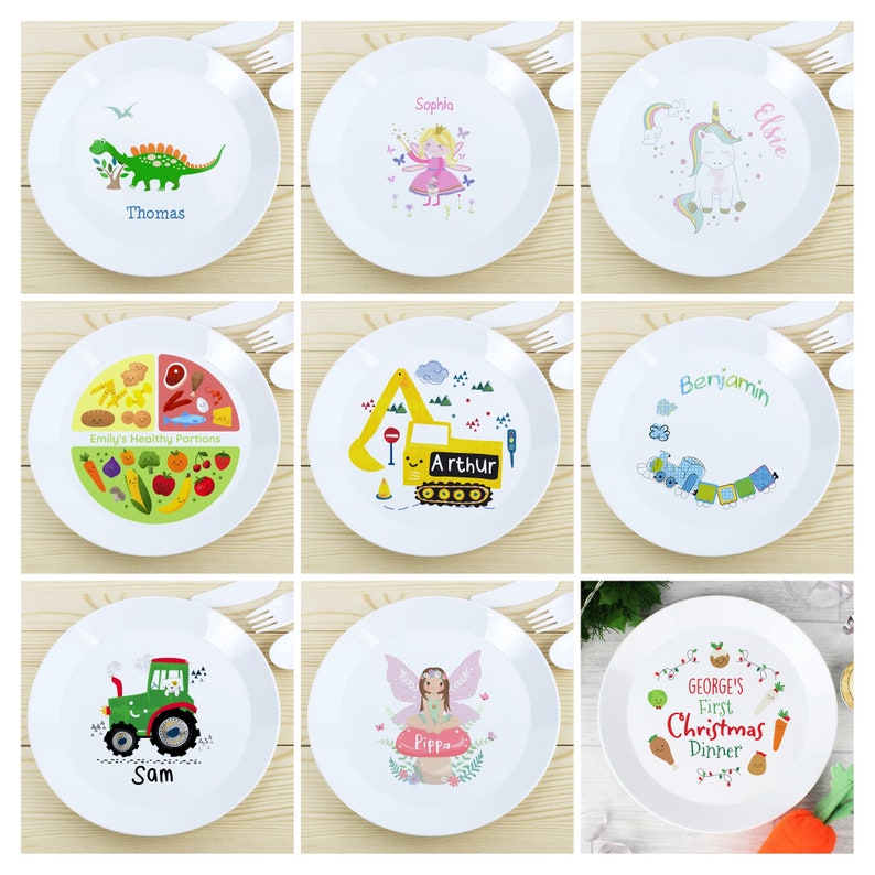 Personalised Children's Plastic Plates Great Gift Unicorns Dinosaurs Digger Fairies Tractor Train..... image 1