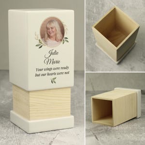 May include: White wooden box with a photo of a woman and the text "Julie Marie" and "Your wings were ready but our hearts were not".