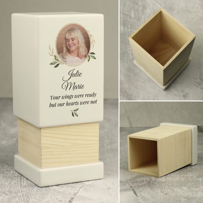 May include: White wooden box with a photo of a woman and the text "Julie Marie" and "Your wings were ready but our hearts were not".