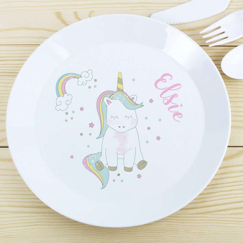 Personalised Children's Plastic Plates Great Gift Unicorns Dinosaurs Digger Fairies Tractor Train..... Unicorn