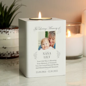 Personalised Memorial Photo Upload White Wooden Tea light Holder.....