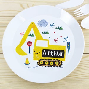 Personalised Children's Plastic Plates Great Gift Unicorns Dinosaurs Digger Fairies Tractor Train..... Digger