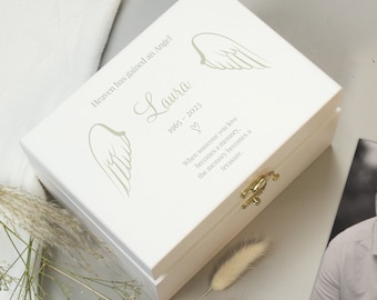 Personalised Memorial Wooden Memory Box White Angel Wings Memorial Keepsake Box - In Loving Memory -