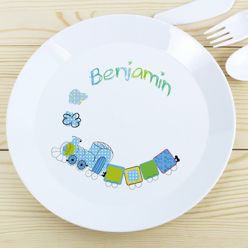 Personalised Children's Plastic Plates Great Gift Unicorns Dinosaurs Digger Fairies Tractor Train..... Train