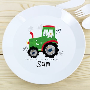 Personalised Children's Plastic Plates Great Gift Unicorns Dinosaurs Digger Fairies Tractor Train..... Tractor