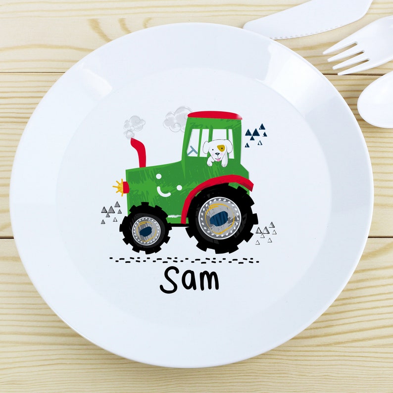 Personalised Children's Plastic Plates Great Gift Unicorns Dinosaurs Digger Fairies Tractor Train..... Tractor