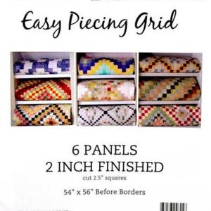 以下が含まれることがあります： TenSisters Handicraft Easy Piecing Gridのパッケージ。10人のイラスト、テキスト、9枚のカラフルなパッチワークキルトの画像。6枚のパネル、5.08cmの正方形、縁取り前で137.16cm x 142.24cmのサイズ。