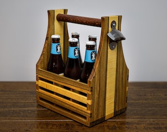 Beer Caddy - New Guinea Walnut & Silver Ash - Magnetic Cap Catcher - Hand Cut Dovetails