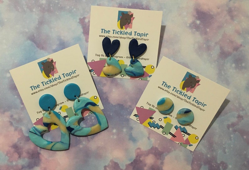 Love Tickled Tapir Party Disco Blue Marbled Heart Drop Polymer Clay Earrings Chunky Funky Hearts Statement Glow Glow in the Dark