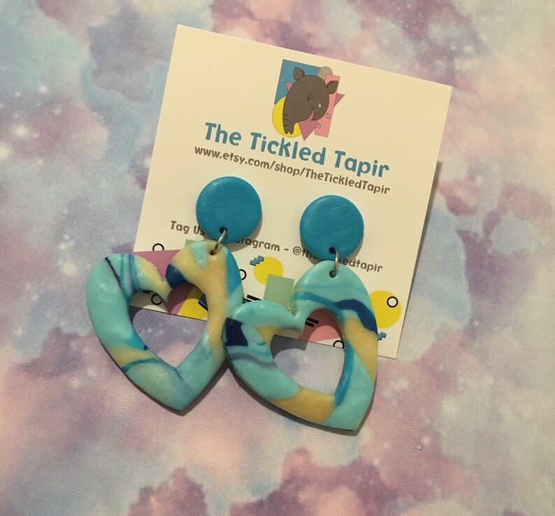 Love Tickled Tapir Party Disco Blue Marbled Heart Drop Polymer Clay Earrings Chunky Funky Hearts Statement Glow Glow in the Dark
