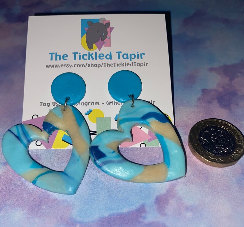 Love Tickled Tapir Party Disco Blue Marbled Heart Drop Polymer Clay Earrings Chunky Funky Hearts Statement Glow Glow in the Dark