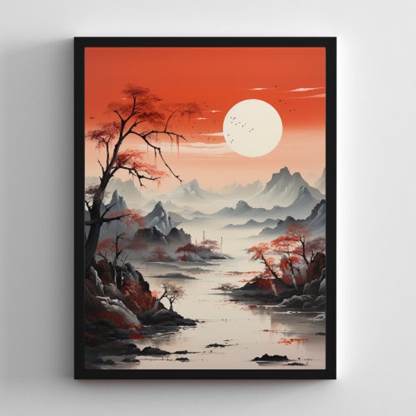 Cadeau poster art digital asiatique paysage rouge