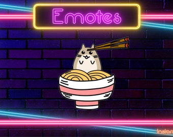 May include: Digital graphic of a cartoon cat with chopsticks above its head, in a bowl of ramen. The word "Emotes" is in a neon sign, set against a brick wall with a neon frame. The words "Instant Download" are at the bottom.