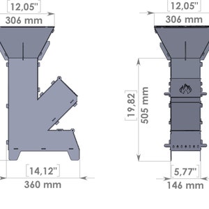 May include: A gray metal wood stove with dimensions displayed in inches and millimeters. The stove is shown from two angles, side and front, with measurements of 12.05" (306 mm) wide, 25.77" (655 mm) high, and 14.12" (360 mm) deep.
