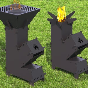 May include: Two black metal outdoor wood stoves with flames. The stoves have a rectangular base, a vertical chimney, and an angled firebox with a flame cutout. One stove has a grill top.