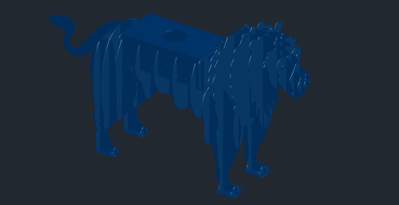 May include: A blue 3D model of a lion, made of layered pieces of wood. The lion is standing on all fours with its head turned to the side. The model is designed to be assembled.