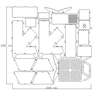 May include: A black and white diagram of a disassembled outdoor grill kit. The kit includes various cut-out pieces, with dimensions of 1100 mm x 1100 mm. The design features a flame symbol and a patterned grill surface.