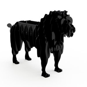 May include: A black metal lion sculpture with a detailed design. The sculpture is made of multiple layers of metal that are cut out and assembled to create a three-dimensional effect.
