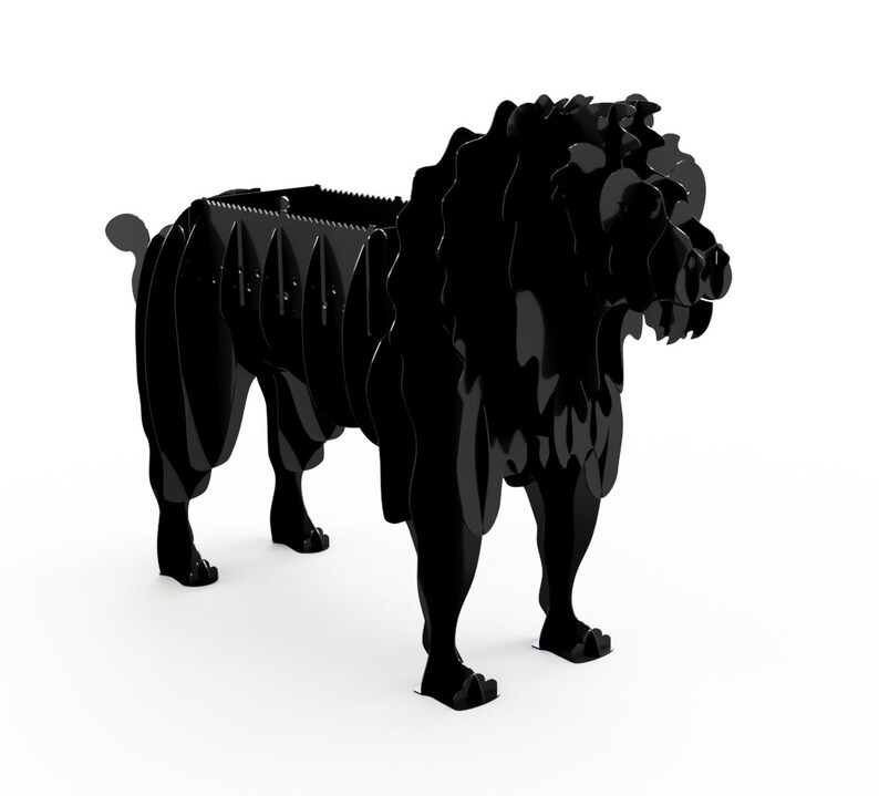May include: A black metal lion sculpture with a detailed design. The sculpture is made of multiple layers of metal that are cut out and assembled to create a three-dimensional effect.