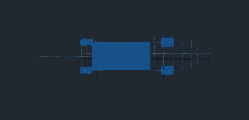 May include: A top view of a blue rectangular table with four legs. The table is on a dark blue background.