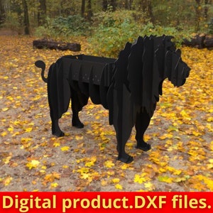 May include: Black metal lion sculpture, standing on a bed of fallen leaves. Digital product. DXF files.