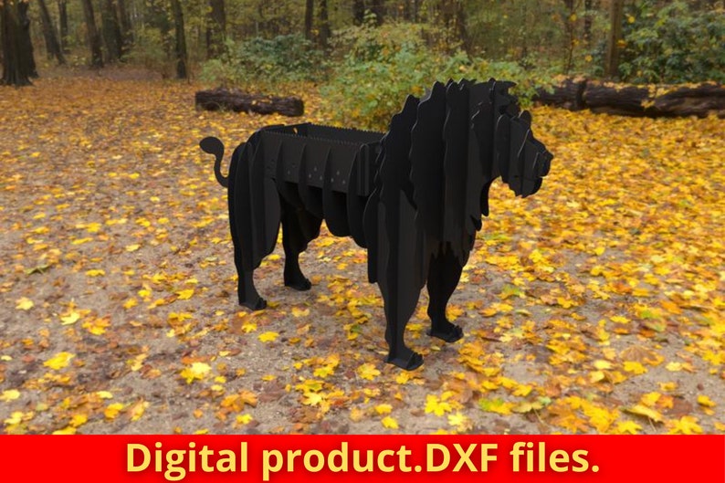 May include: Black metal lion sculpture, standing on a bed of fallen leaves. Digital product. DXF files.