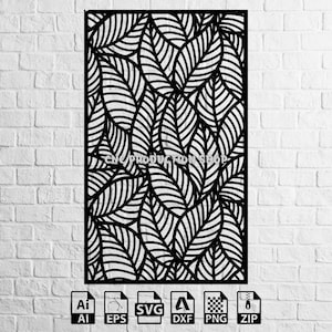 以下が含まれることがあります： 葉のパターンのデザインの白黒デジタルファイル。デザインは、複雑なディテールを持つ重なり合った葉で構成されています。ファイルは、AI、EPS、SVG、DXF、PNG、ZIP形式で入手できます。