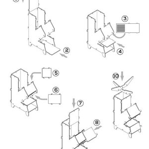 May include: Diagram of a wood stove assembly. The image shows the step-by-step process of assembling a wood stove, with numbered arrows indicating the order of assembly. The stove is made of interlocking wooden pieces.